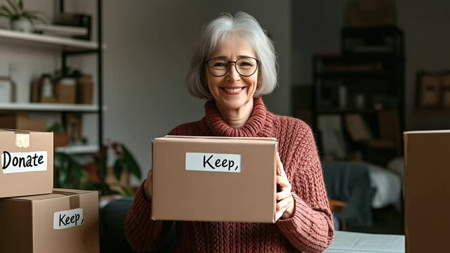 A warm, clutter-free home setting where a senior woman stacks boxes labeled Donate and Keep, embracing an organized moving process