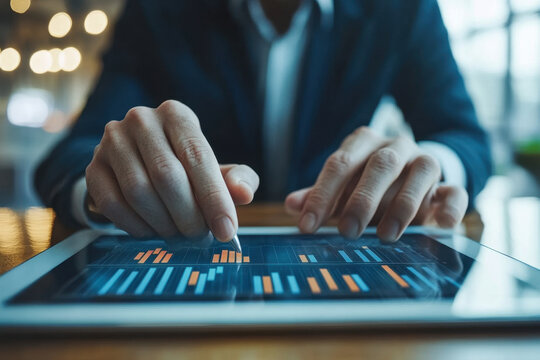 Person analyzing chart on tablet, focused expression, office setting with laptop and coffee cup nearby.