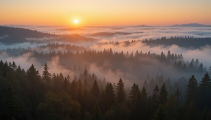 Fototapeta premium Captivating sunrise over misty forest landscape mountainous region nature photography serene environment aerial view tranquility and beauty