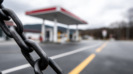 Closed gas station with focus on chain, empty and desolate atmosphere