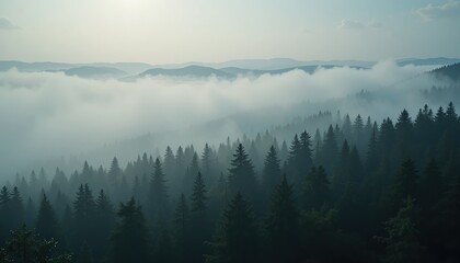 Obraz premium Misty morning landscape view over foggy forests in nature aerial photography serenity and calmness captured