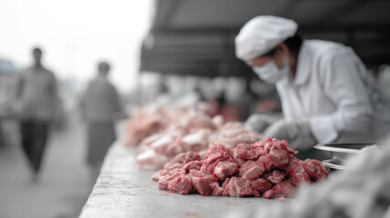 worker inspects fresh meat at market stall, wearing protective gear for hygiene