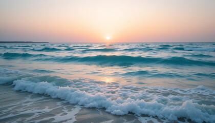 Crystal clear turquoise ocean at sunrise, gentle waves, pastel sky, serene atmosphere
