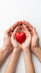Fototapeta premium Adult and child hands holding a red heart together on a white background. Concept of family bond and love