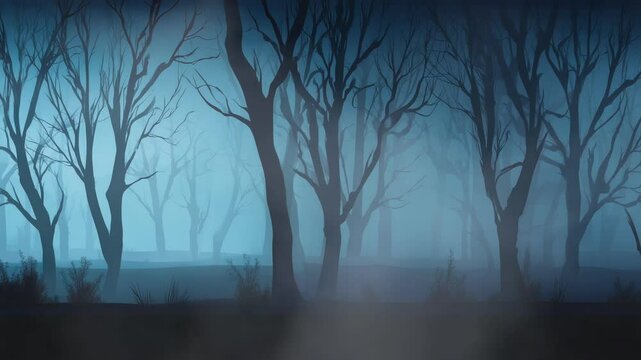  Foggy leafless forest at twilight. Seamless looping video background