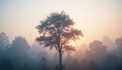 Majestic sunrise over misty forest landscape nature photography serene environment panoramic view tranquility concept