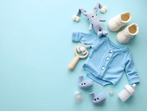 Baby accessories concept. Top view photo of infant clothes blue shirt knitted booties bunny toy teether rattle bottle and pacifier on isolated pastel blue background with empty space in the middle