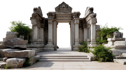Ancient Gateway: A majestic stone gateway of an ancient structure stands proudly with weathered steps, beckoning passage through the timeless archway, amidst the gentle embrace of lush greenery. 