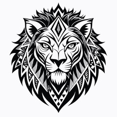 Ornate Tribal Lion Head Design Black and White Illustration
