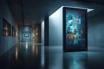 A futuristic digital blueprint displayed in a dark, modern art gallery hallway, showcasing innovation and technology.