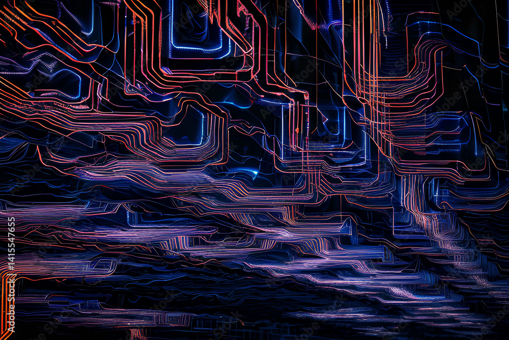 Fototapete a dark violet background with a blue abstract design of connected lines and dots, representing techn