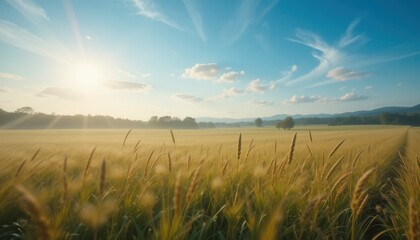 Obraz premium Golden wheat fields dance under the bright sun rural landscape nature photography serene environment wide-angle view tranquility concept