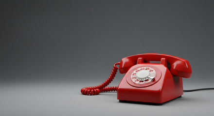 Red Vintage Telephone on Grey Background with Copy Space