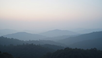 Fototapeta premium Serene sunrise over rolling hills nature landscape early morning peaceful environment wide angle view tranquility and beauty