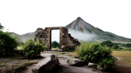 Gateway to the Summit: A weathered stone archway stands sentinel, framing a majestic mountain peak shrouded in mist, inviting exploration of a tranquil natural landscape.