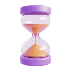 purple hourglass with sand 3d render icon in cartoon plastic style minimal isolated on transparent white background, clipping path