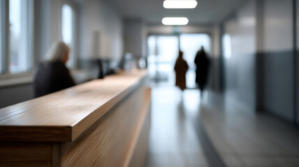 blurred hallway with wooden reception desk and people in background