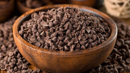 Chocolate chips in a wooden bowl, close-up