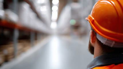 Worker in orange helmet at distribution hub, focused on warehouse aisle