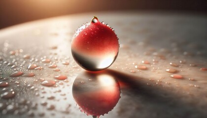 A dewdrop of guava nectar capturing a reflective glow on pale gr