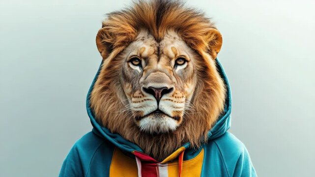 A person wearing a humorous lion head mask, part of costumes for entertaining events or parties.