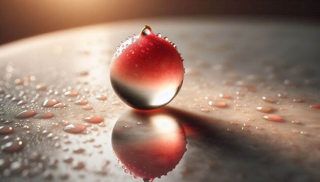 A dewdrop of guava nectar capturing a reflective glow on pale gr