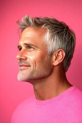 Fototapeta premium A poised man displaying elegance and charm. Classy men's short caesar haircut - midlife white man with blond hair. Pink solid background. Idea of style for aging men.