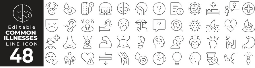 Common Illness Icon Set: A Line Icon Collection Featuring Cold, Flu, Fever, Headache, Cough, Sore Throat, Fatigue, and More