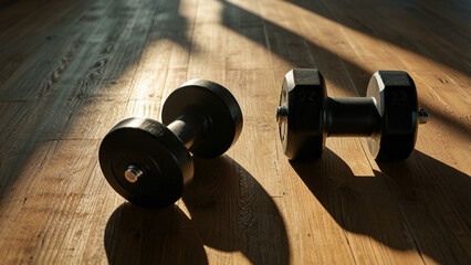 Pair of Dumbbells on Wooden Floor