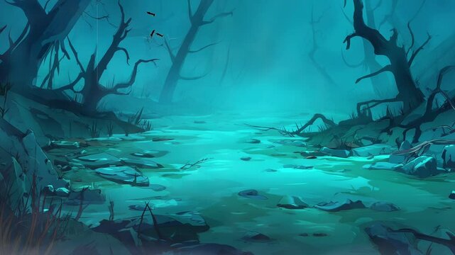 Haunted swamp with fog and dead trees. Seamless looping video background