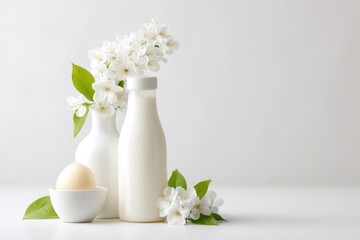 minimalistic setup with traditional dairy products fruits and flowers symbolizing shavuot arranged on simple white