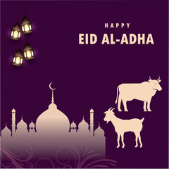 Eid Al Adha Mubarak with Mosque, Stars and Lanterns as Background