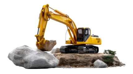 Excavator Lifting Rock: A powerful yellow excavator lifts a large rock with its hydraulic arm, showcasing its strength and capability in a construction or industrial setting.