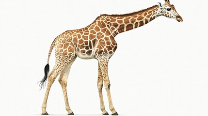Fototapeta premium Giraffe isolated on a white background turning its head to the side with every spot meticulously detailed