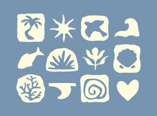 Summer beach hand drawn abstract icon set. Naive groovy tropical symbols: palm, sun, wave, heart, coral. Nature elements in boho style. Isolated retro Surf Club illustrations on blue background. © NastyaTsy