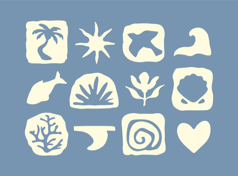 Summer beach hand drawn abstract icon set. Naive groovy tropical symbols: palm, sun, wave, heart, coral. Nature elements in boho style. Isolated retro Surf Club illustrations on blue background.