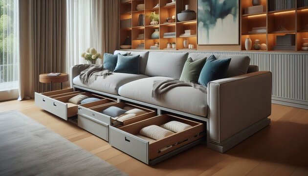 Configurable seating pieces incorporate pull out drawers beneath