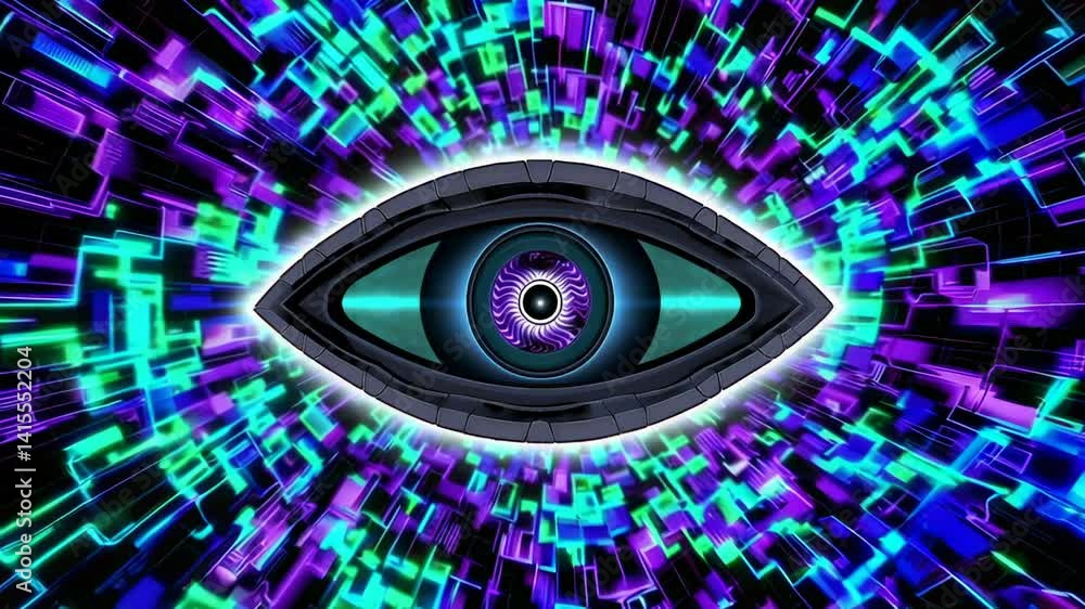 Poster Glowing neon purple and green data streams converge on a central robotic eye, creating a mesmerizing visual representation of digital surveillance and security