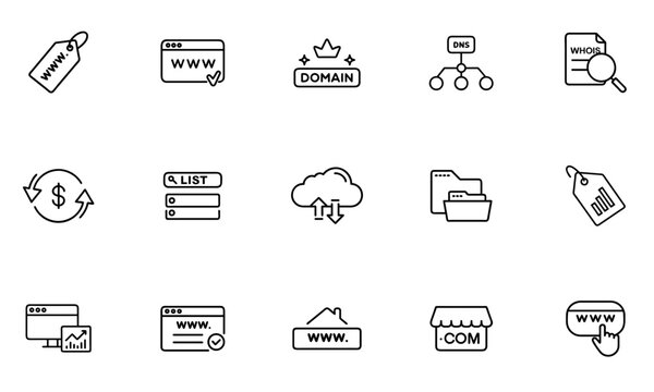 Set of 15 high-quality outline icons tailored for the domaining industry