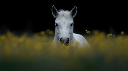 Fototapeta premium Majestic white horse in a field of yellow flowers
