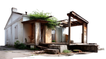 Rustic Ruin's Resilience: Capturing the stoic beauty of a weathered property, its architectural bones stand defiant against time and elements, creating a raw and evocative scene. 