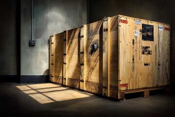 A large wooden shipping crate sits on a warehouse floor, bathed in sunlight.