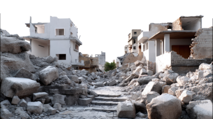 Devastated urban landscape: Ruins of building and rubble, standing as a stark reminder of the aftermath of a natural disaster or conflict