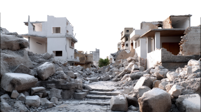 Devastated urban landscape: Ruins of building and rubble, standing as a stark reminder of the aftermath of a natural disaster or conflict
