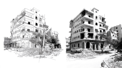 Urban Architectural Transformation: A stark contrast of two buildings reveals a visual journey through the essence of architectural evolution, where one structure stands beautifully preserved.