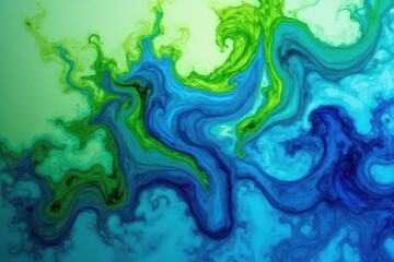 Mesmerizing Ink in Water: Swirling Lime & Royal Blue Patterns in Experimental Photography