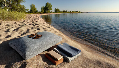 Resting elements arranged on serene beach with panoramic view and soft natural light. Generated with AI