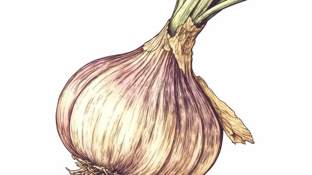 A line drawing of garlic bulb with a stalk