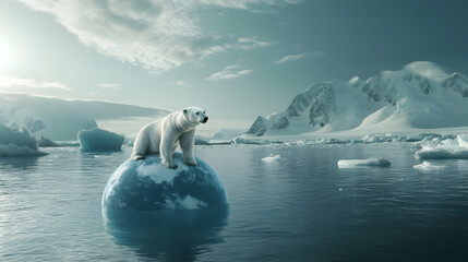 A lone polar bear sits atop a melting iceberg in a serene yet somber arctic landscape.  The image evokes a sense of vulnerability and the impact of climate change.