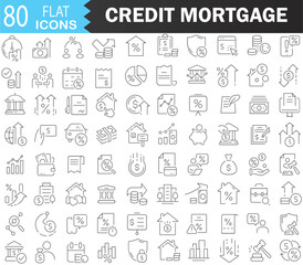 Credit and Mortgage Line Icons Collection — Large UI Icon Set in Flat Style, Thin Outline Pack for Finance and Banking. Editable Stroke